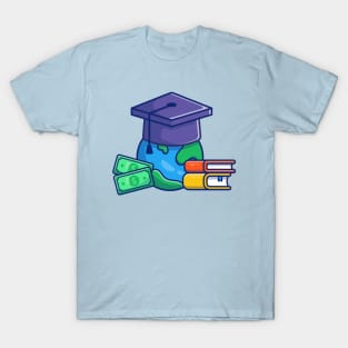 Scholarship, World, Graduation Cap, Money And Book Cartoon T-Shirt